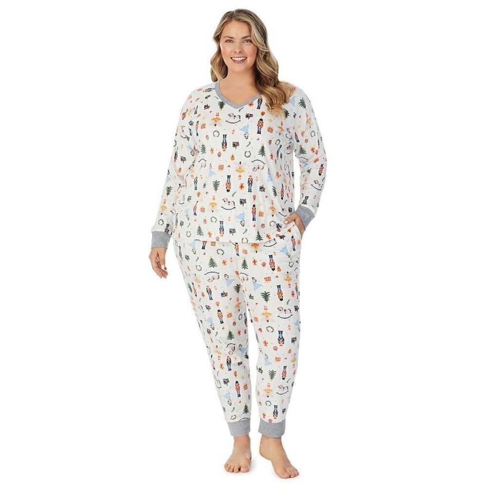 Cuddl Duds Womens Cream Nutcracker Velour V Neck Pajamas 2 Pc Set Plus Sz 2X New